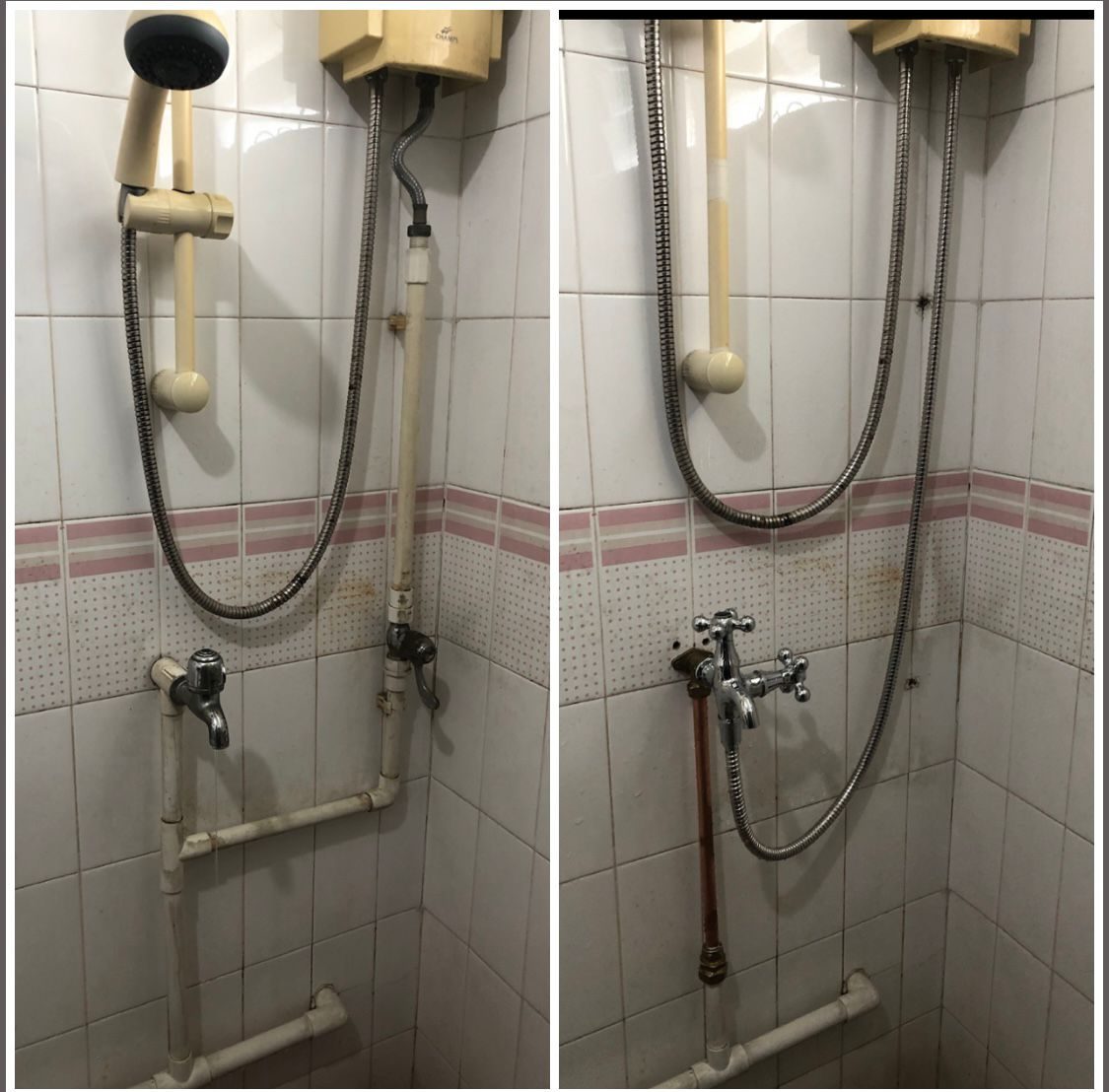 Shower mixer replacement, old plastic pipework beside the new chrome mixer